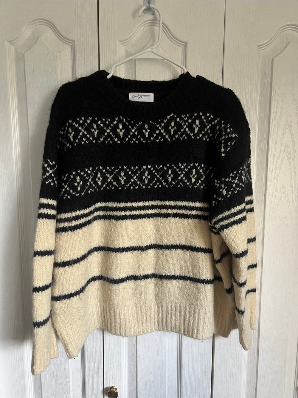 NWOT Carly Jean Los Angeles Black and Cream Fair Isle Crewneck Sweater